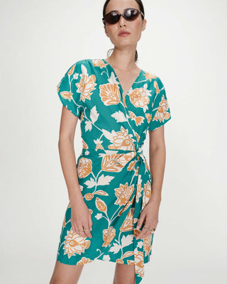 Robe courte portefeuille à fleurs vert Velora