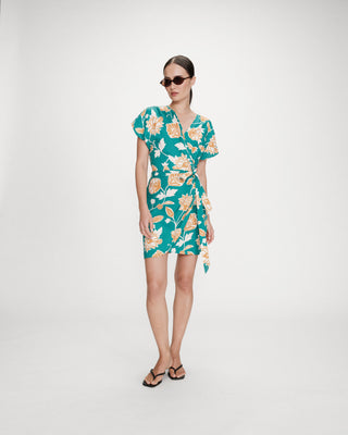 Robe courte portefeuille à fleurs vert Velora
