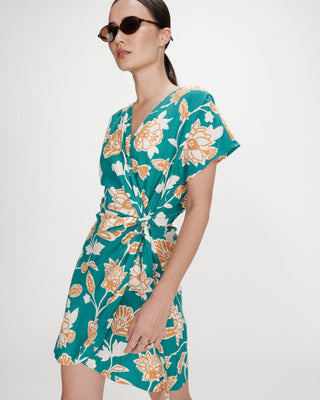 Robe courte portefeuille à fleurs vert Velora
