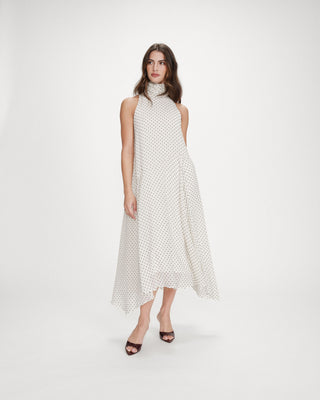 Robe longue fluide à pois col montant à nouer ivoire Valoria