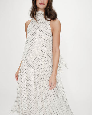 Robe longue fluide à pois col montant à nouer ivoire Valoria