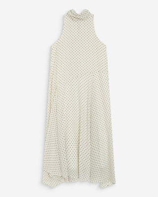 Robe longue fluide à pois col montant à nouer ivoire Valoria