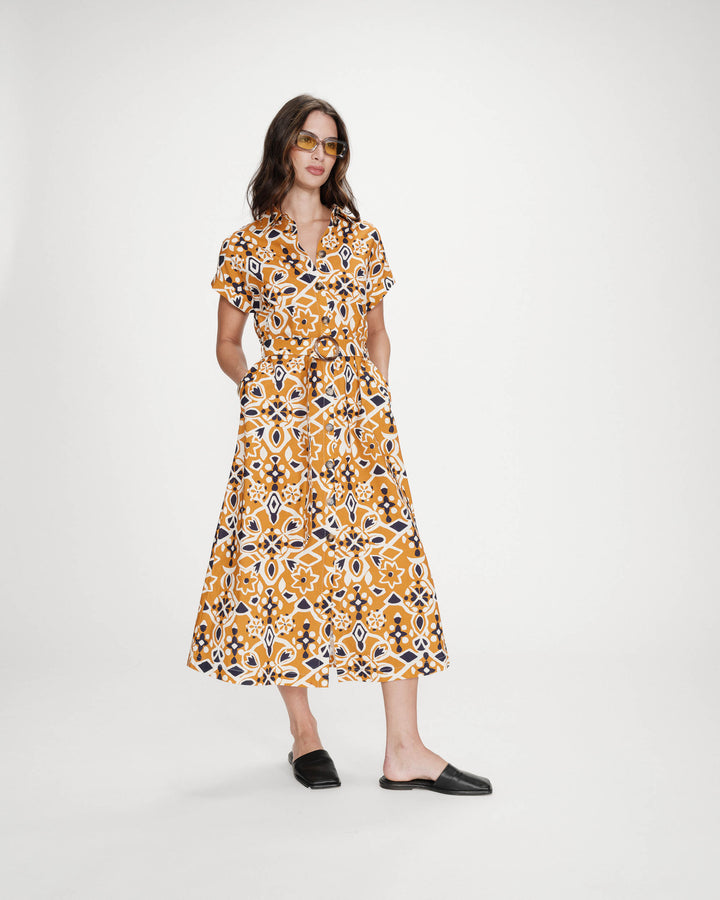 Robe longue imprimée en coton col chemise cognac Virginia