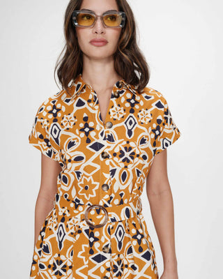Robe longue imprimée en coton col chemise cognac Virginia