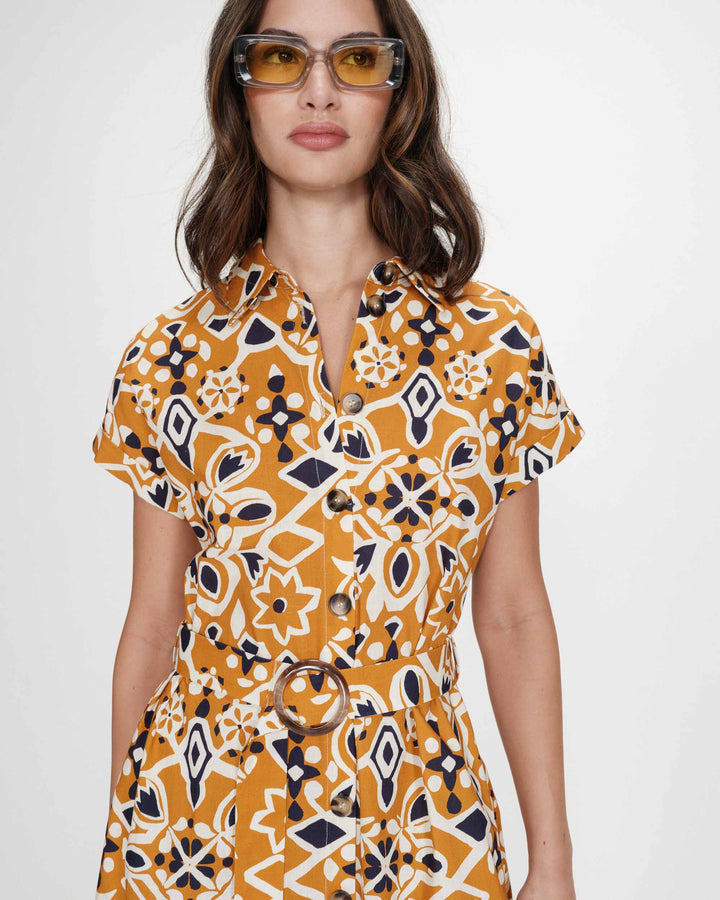 Robe longue imprimée en coton col chemise cognac Virginia