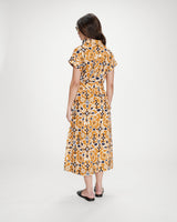 Robe longue imprimée en coton col chemise cognac Virginia