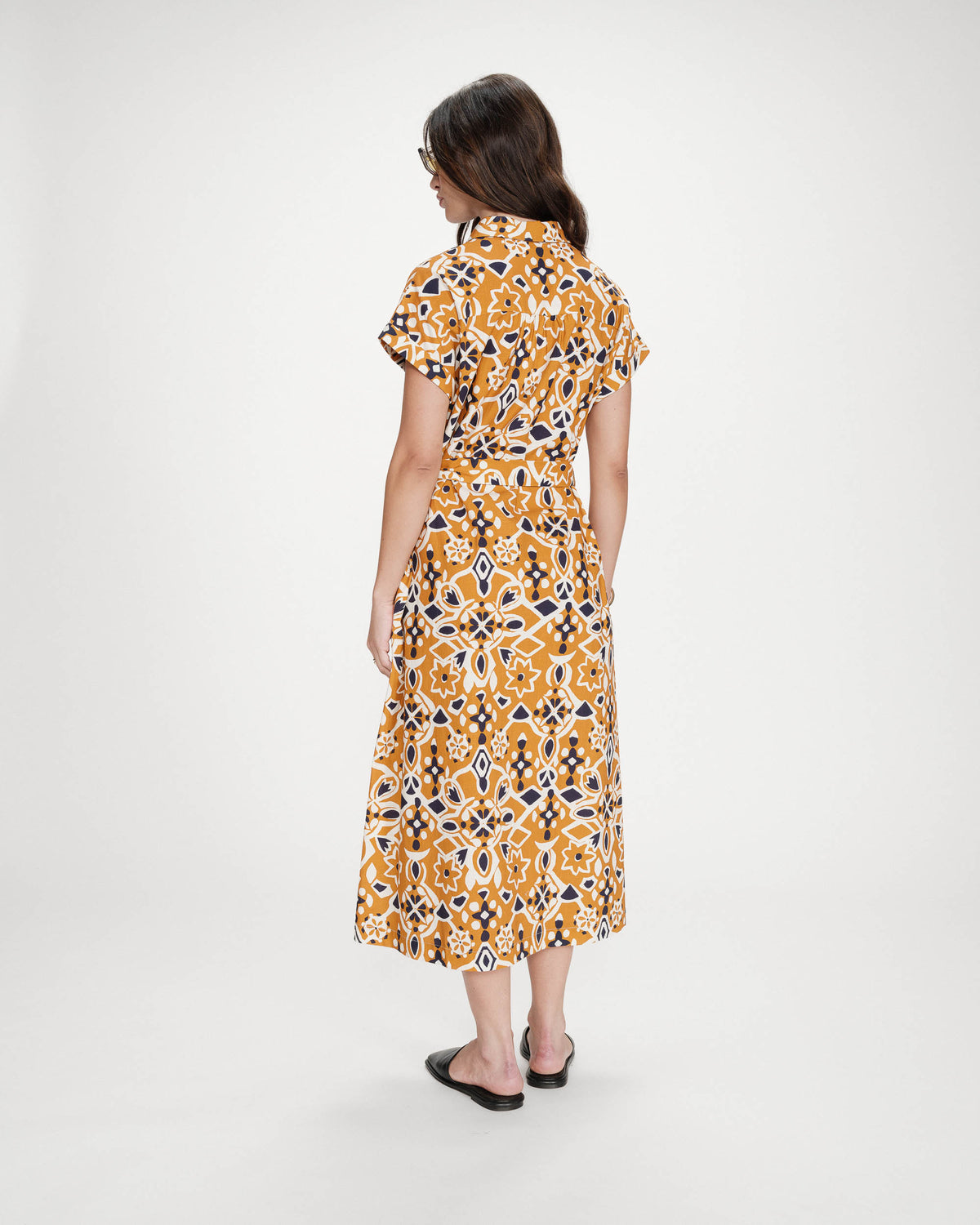 Robe longue imprimée en coton col chemise cognac Virginia