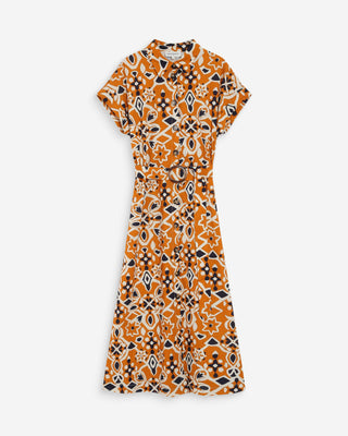 Robe longue imprimée en coton col chemise cognac Virginia