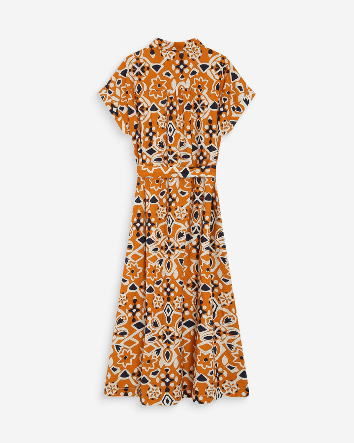 Robe longue imprimée en coton col chemise cognac Virginia