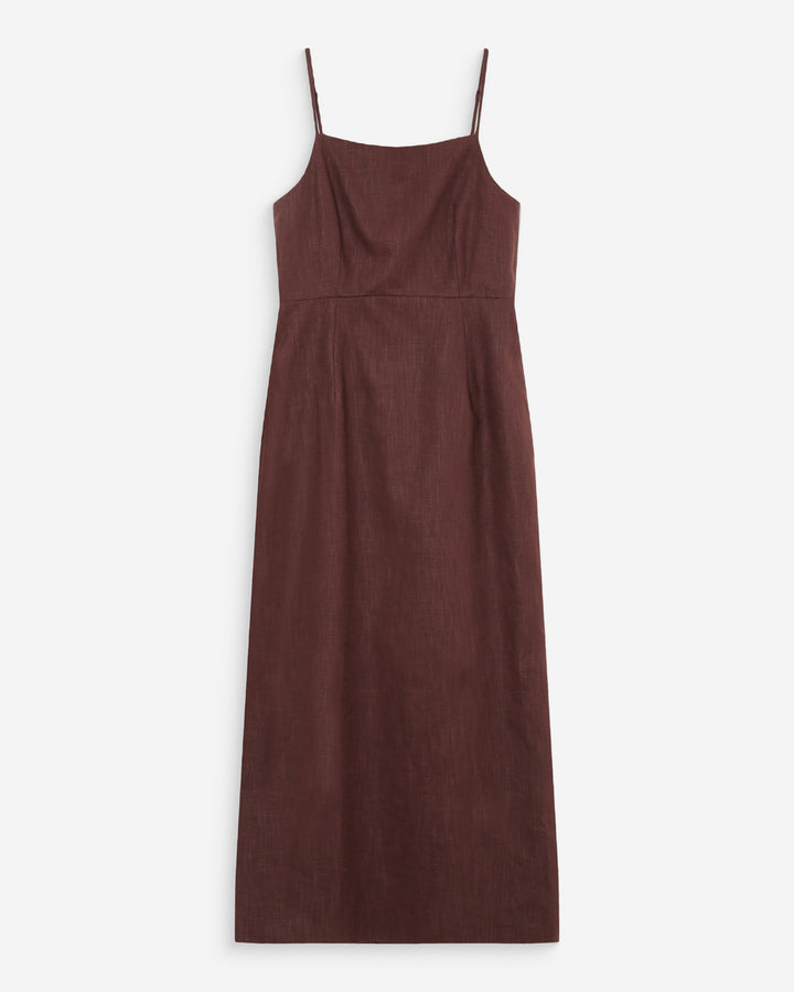 Robe longue en lin ajustée col carré chocolat Veranys