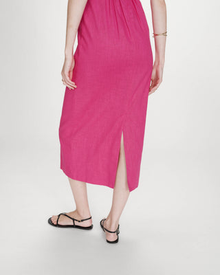Robe longue en lin ajustée col carré fuchsia Veranys