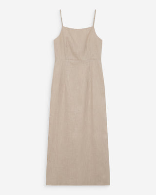Robe longue en lin ajustée col carré sable Veranys