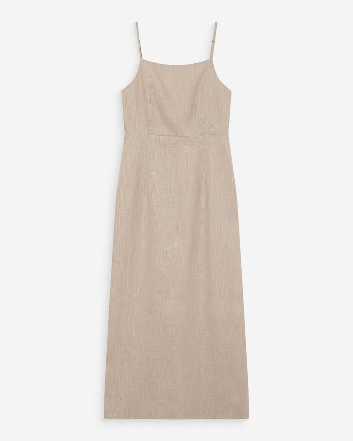 Robe longue en lin ajustée col carré sable Veranys