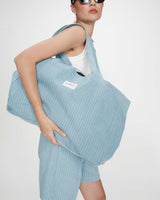 Large cotton denim tote bag stripedblue Vacation