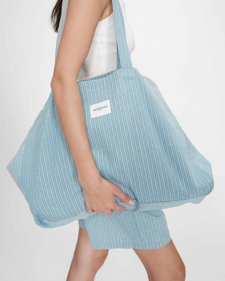 Large cotton denim tote bag stripedblue Vacation