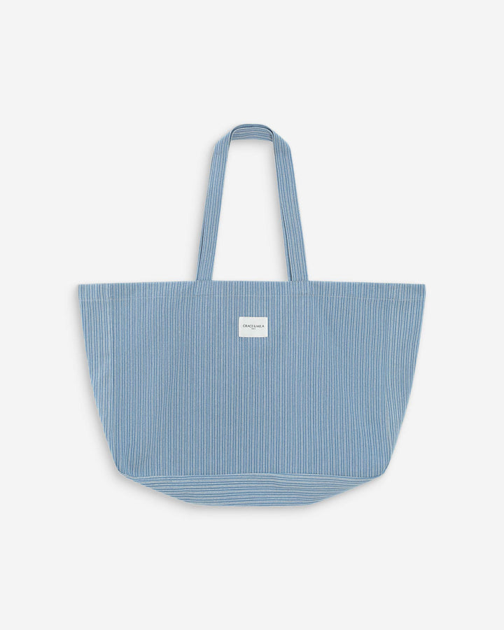 Large cotton denim tote bag stripedblue Vacation