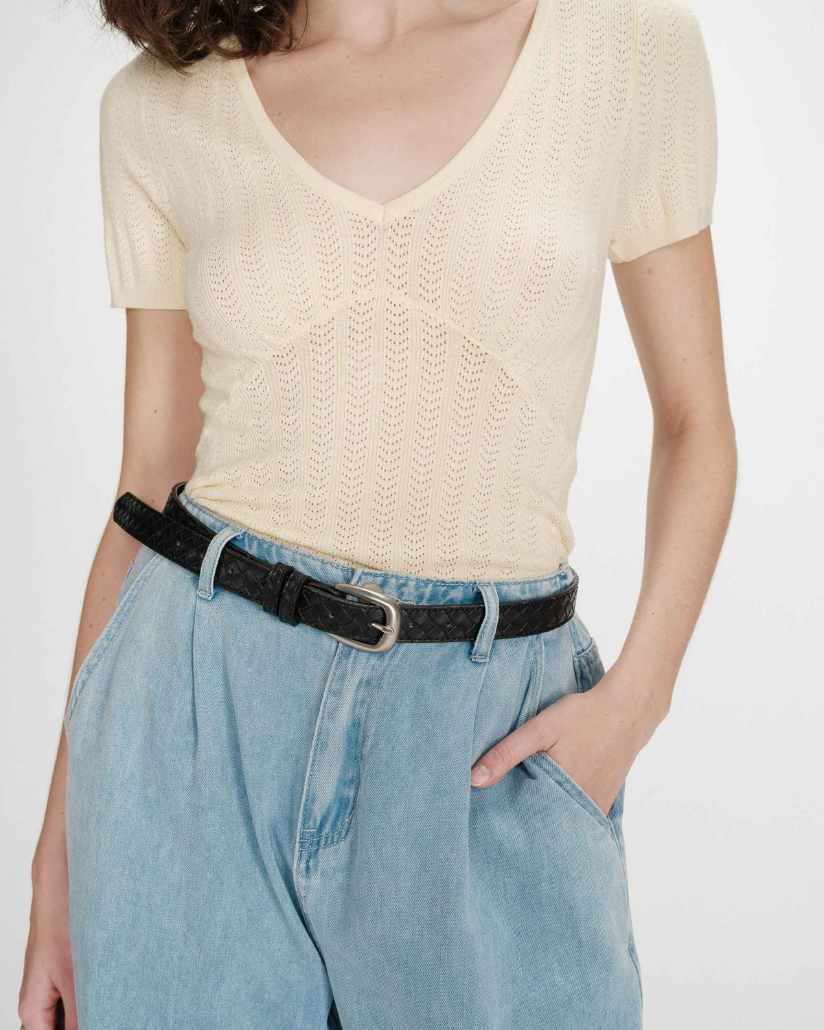 Ceinture en cuir tressée boucle argentée noir Villette