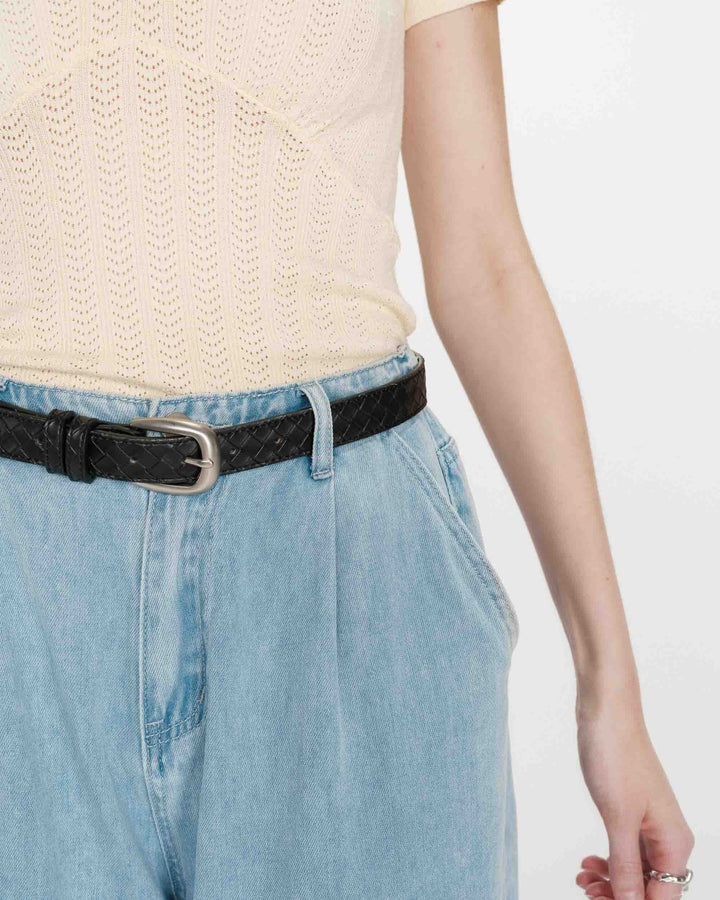 Ceinture en cuir tressée boucle argentée noir Villette