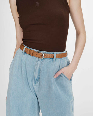 Ceinture en cuir tressée boucle argentée ocre Villette
