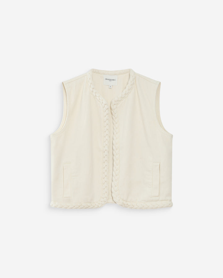 Veste sans manches en denim droite courte ecru Verona