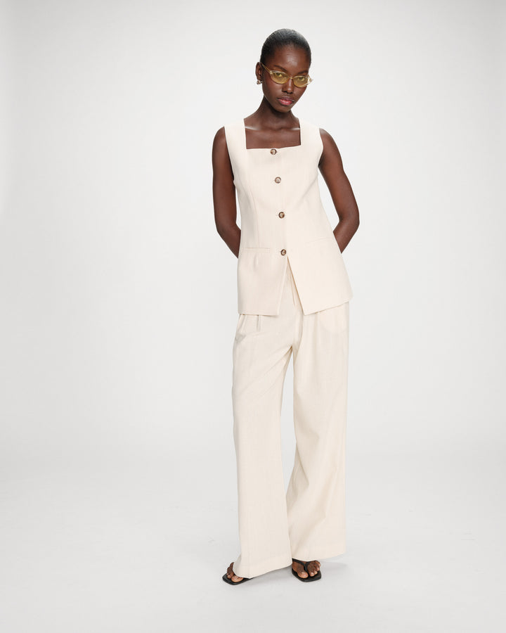 Gilet rayé en lin sans manches col carré boutonné vanille Vic