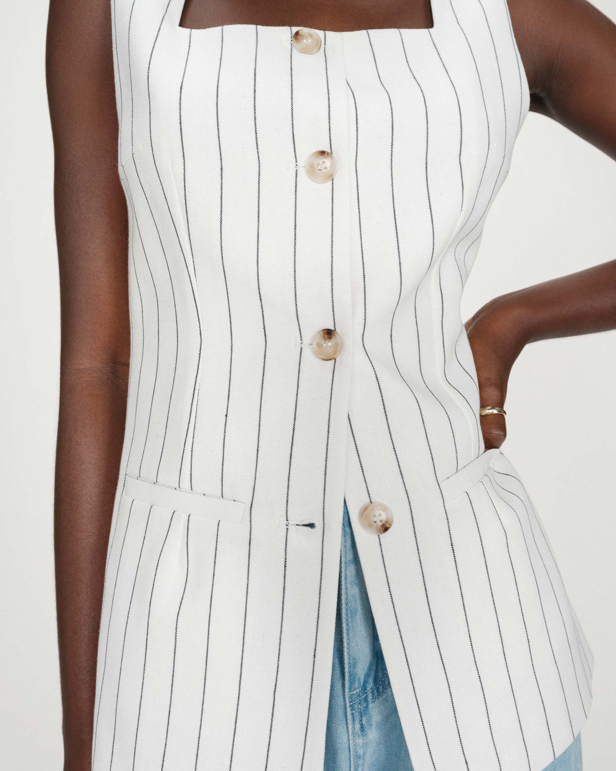 Tailored pinstripe linen sleeveless vest white Vic