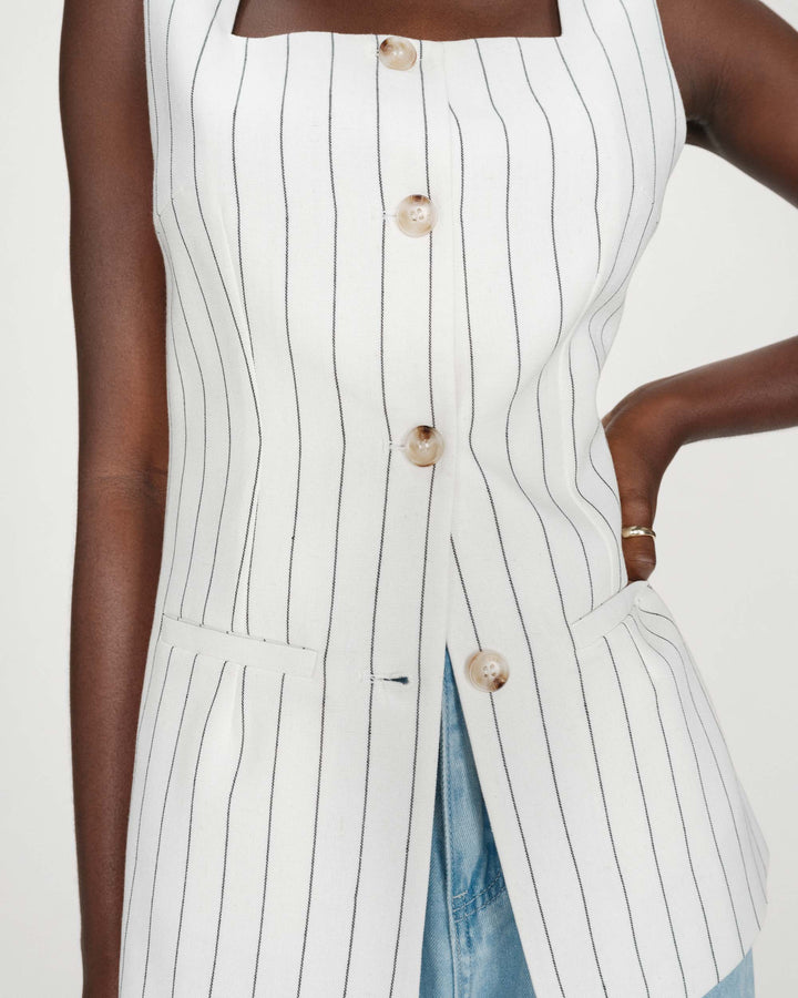 Tailored pinstripe linen sleeveless vest white Vic