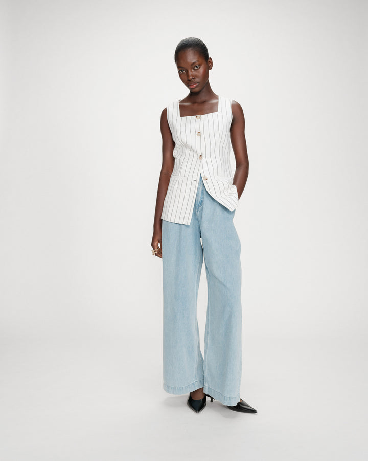 Tailored pinstripe linen sleeveless vest white Vic