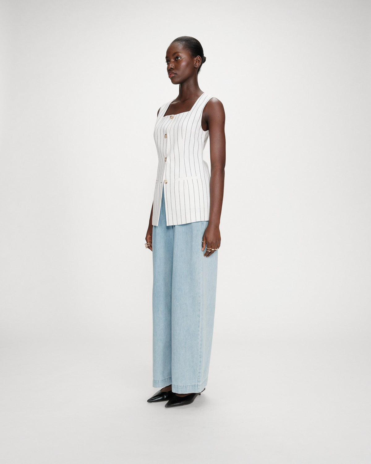 Tailored pinstripe linen sleeveless vest white Vic