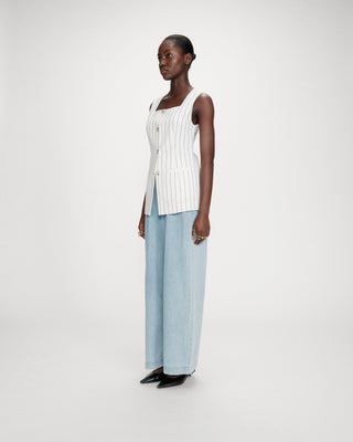 Gilet rayé en lin sans manches col carré boutonné white Vic