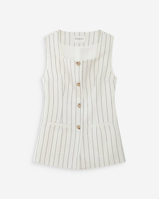 Gilet rayé en lin sans manches col carré boutonné white Vic