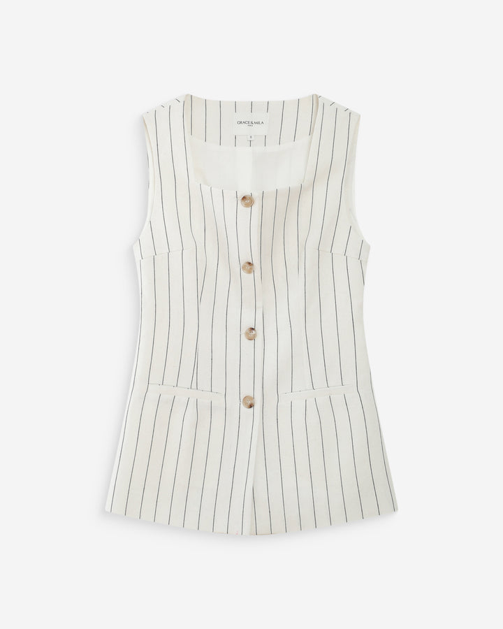Tailored pinstripe linen sleeveless vest white Vic