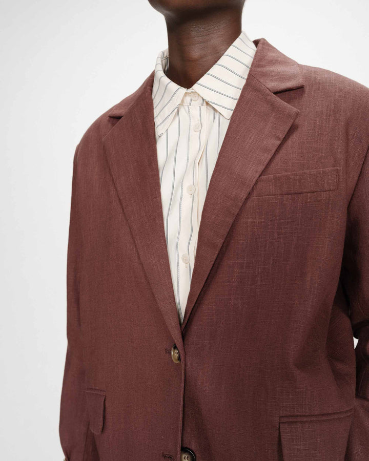 Blazer droit en lin et coton boutonné chocolat Velize