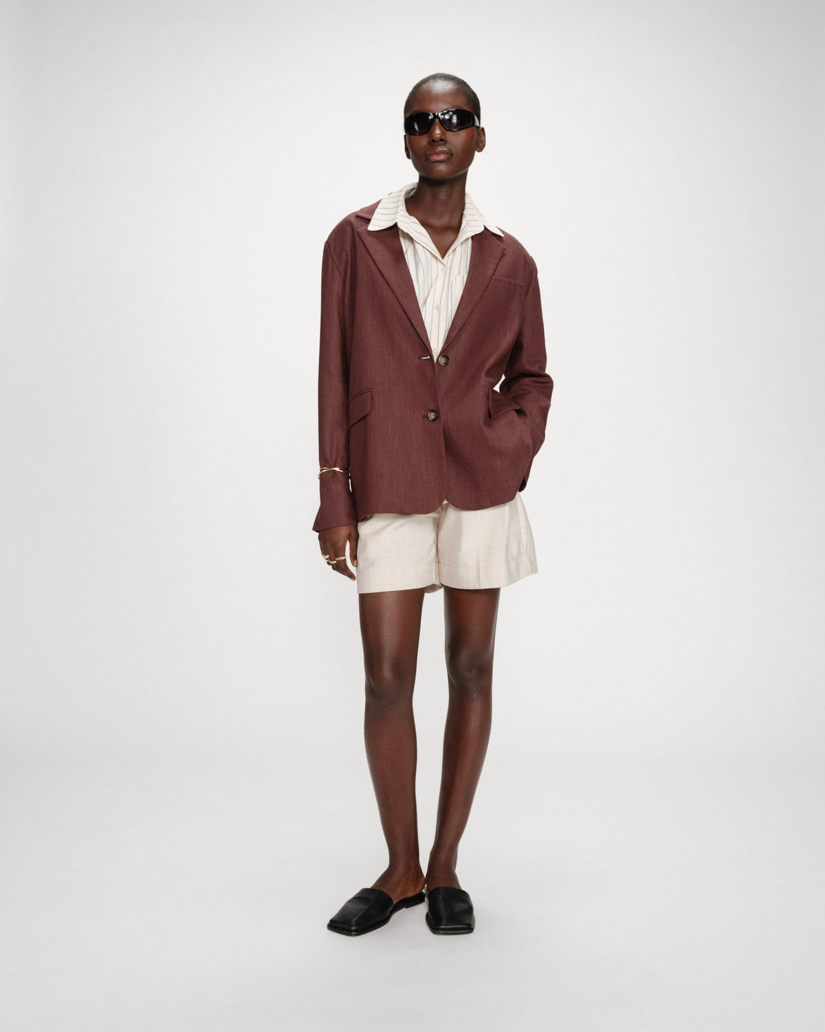 Blazer droit en lin et coton boutonné chocolat Velize