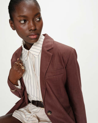 Blazer droit en lin et coton boutonné chocolat Velize