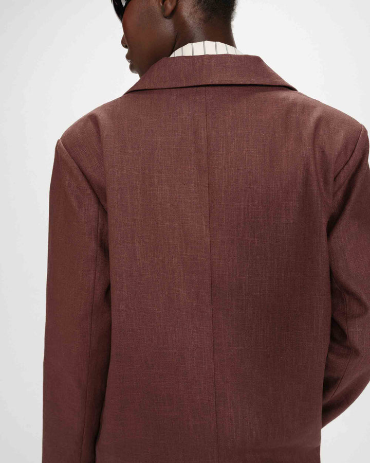 Blazer droit en lin et coton boutonné chocolat Velize