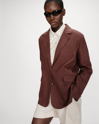 Blazer droit en lin et coton boutonné chocolat Velize