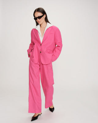 Blazer droit en lin et coton boutonné fuchsia Velize