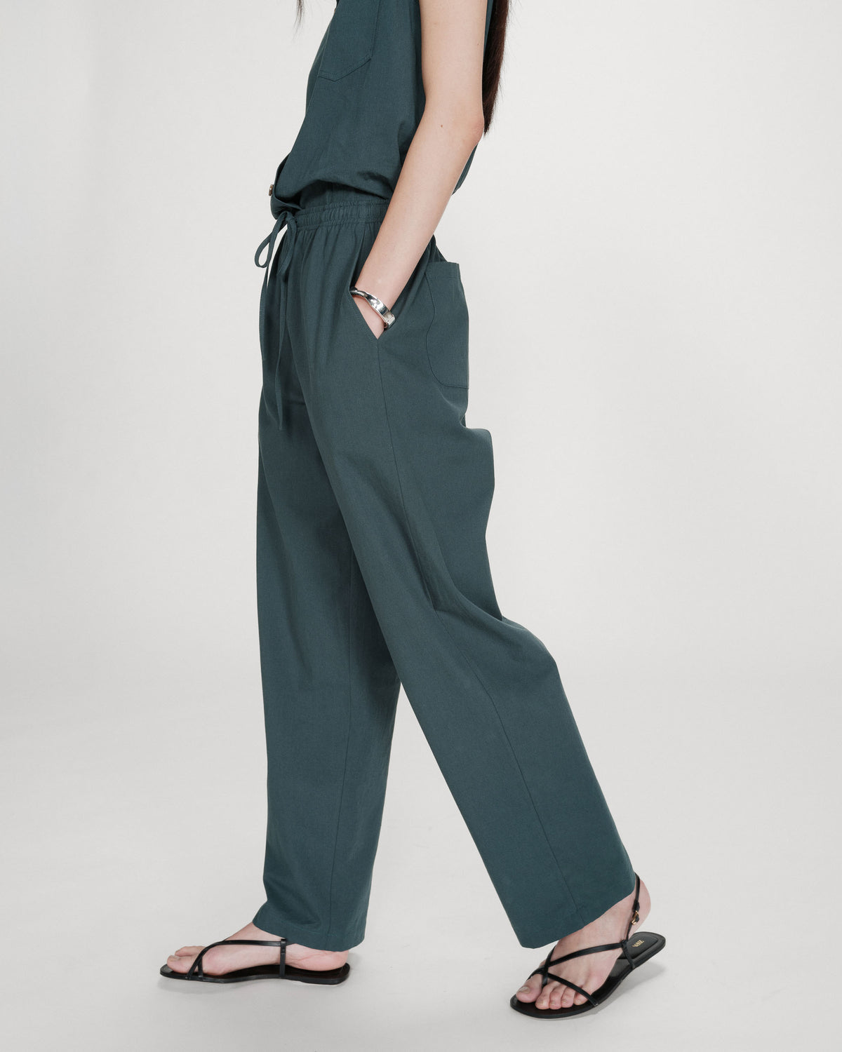 Pantalon droit en coton taille ajustable à cordon emeraude Rhode