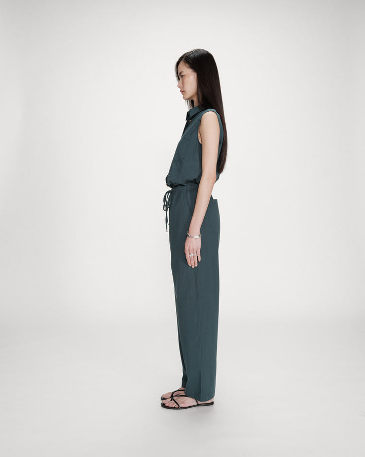 Pantalon droit en coton taille ajustable à cordon emeraude Rhode