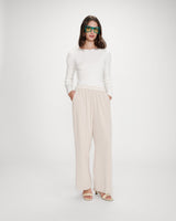 Pantalon fluide jambe large taille mi-haute ecru Noblesse