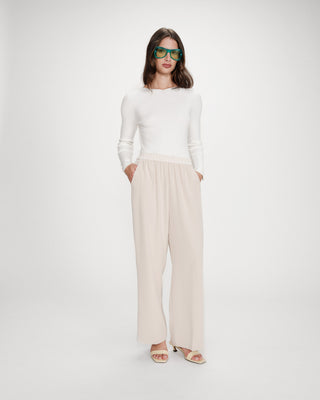 Pantalon fluide jambe large taille mi-haute ecru Noblesse