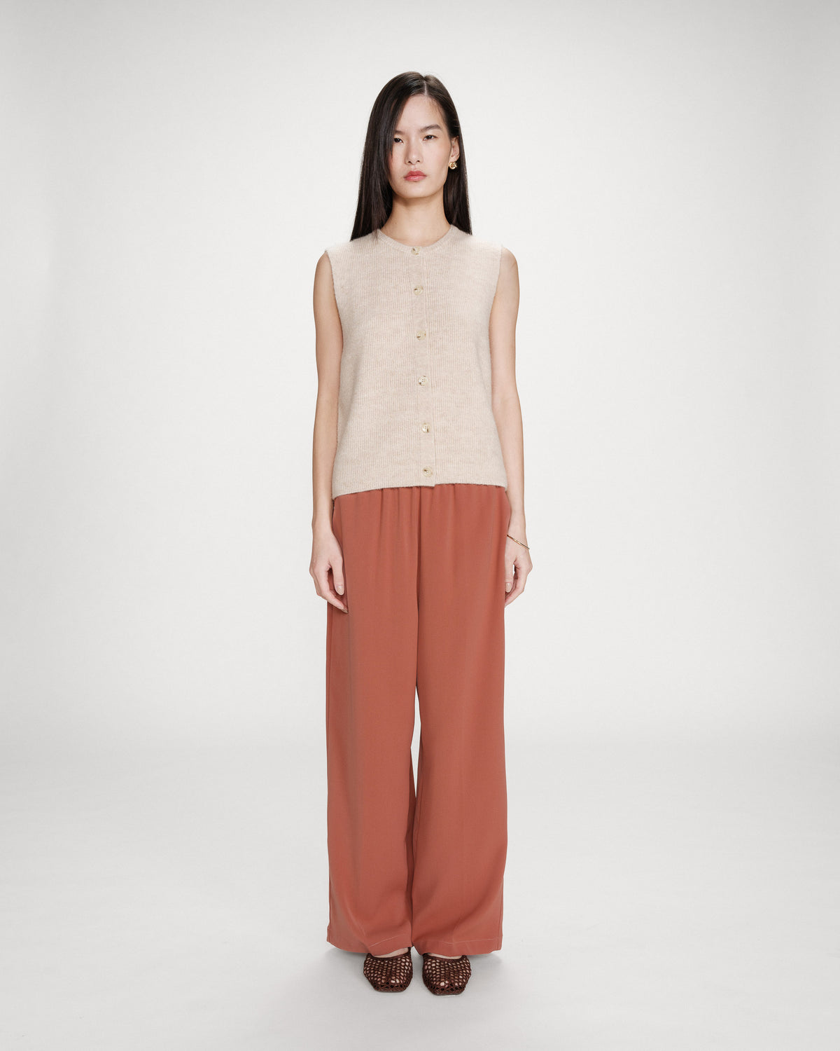 Pantalon fluide jambe large taille mi-haute terracotta Noblesse