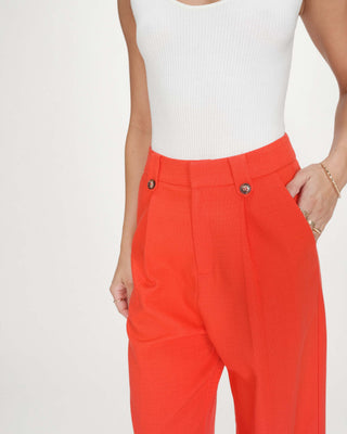 Pantalon tailleur droit taille mi-haute à plis sanguine Pierre
