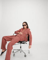 Pantalon tailleur droit taille mi-haute à plis terracotta Pierre