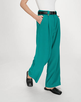 Pantalon tailleur droit taille mi-haute à plis vert Pierre