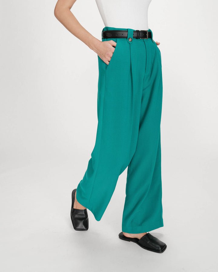 Pantalon tailleur droit taille mi-haute à plis vert Pierre