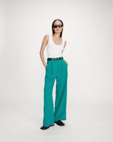 Pantalon tailleur droit taille mi-haute à plis vert Pierre