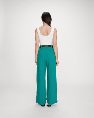 Pantalon tailleur droit taille mi-haute à plis vert Pierre