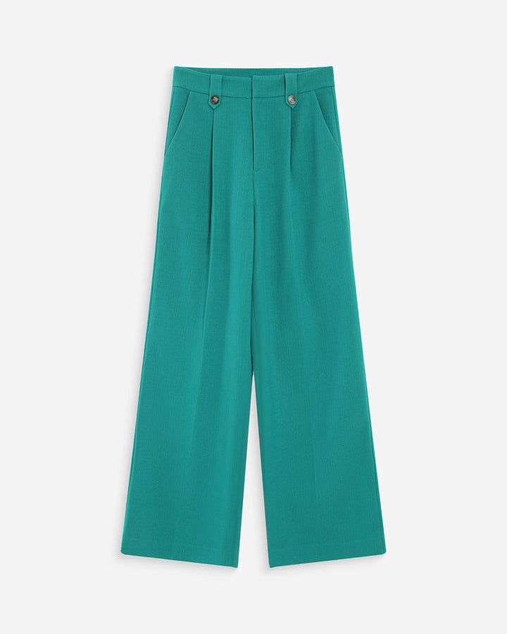 Pantalon tailleur droit taille mi-haute à plis vert Pierre